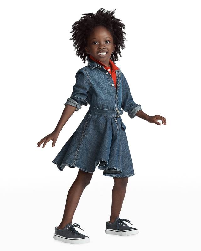 Girl's Belted Fit-and-Flare Denim Shirtdress, Size 2-4